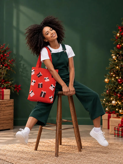 Red Gift Box, Woven Christmas Tote Bag