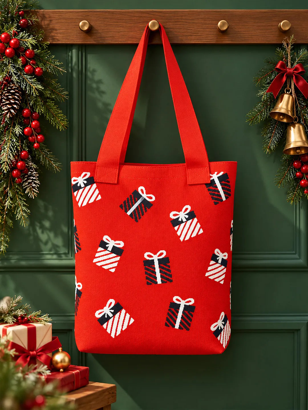Red Gift Box, Woven Christmas Tote Bag