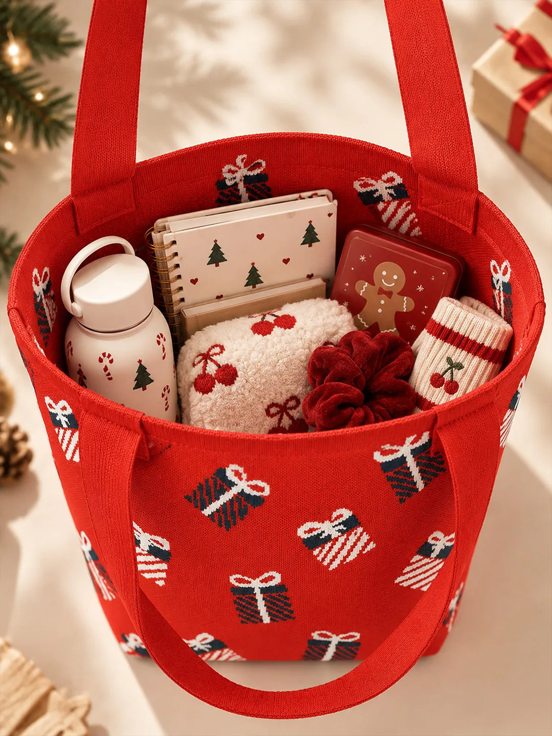 Red Gift Box, Woven Christmas Tote Bag