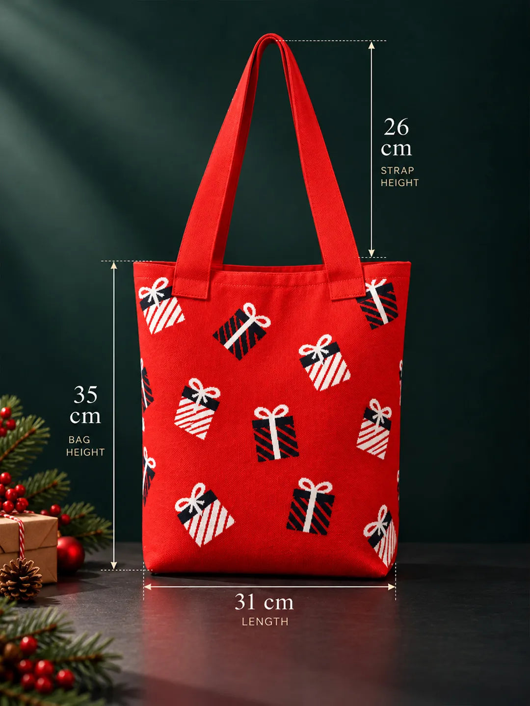 Red Gift Box, Woven Christmas Tote Bag