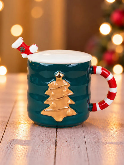 Green Christmas Tree Ceramic Hot Chocolate and Coffee Christmas Mug with 3D Spoon