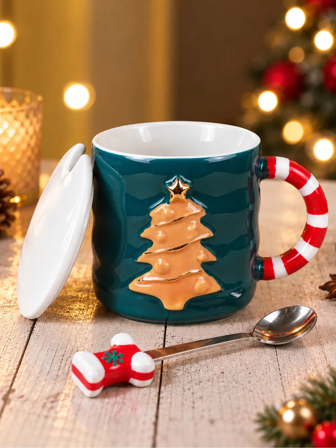 Green Christmas Tree Ceramic Hot Chocolate and Coffee Christmas Mug with 3D Spoon