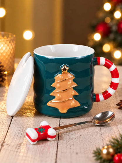 Green Christmas Tree Ceramic Hot Chocolate and Coffee Christmas Mug with 3D Spoon