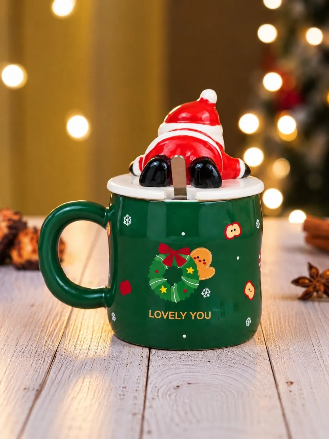 Green Gingerbread Ceramic Christmas Mug with 3D Lying Santa Lid & Spoon