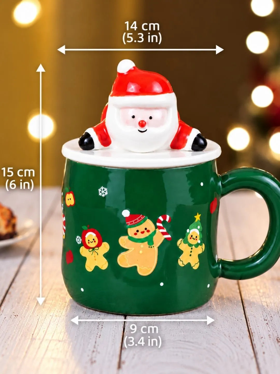 Green Gingerbread Ceramic Christmas Mug with 3D Lying Santa Lid & Spoon