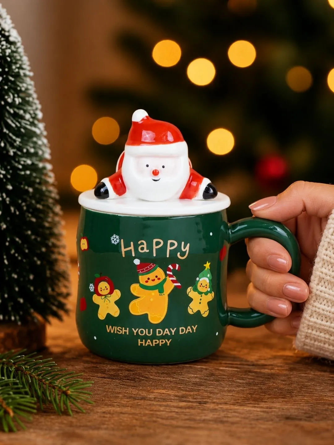 Green Gingerbread Ceramic Christmas Mug with 3D Lying Santa Lid & Spoon