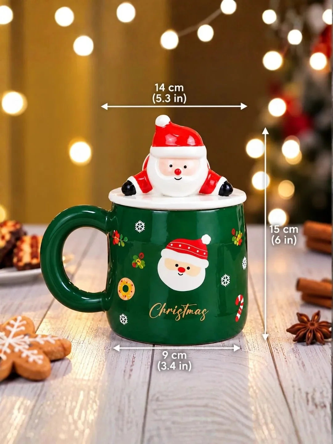 Green Santa Face Ceramic Hot Chocolate and Coffee Christmas Mug with 3D Lying Santa Lid & Spoon