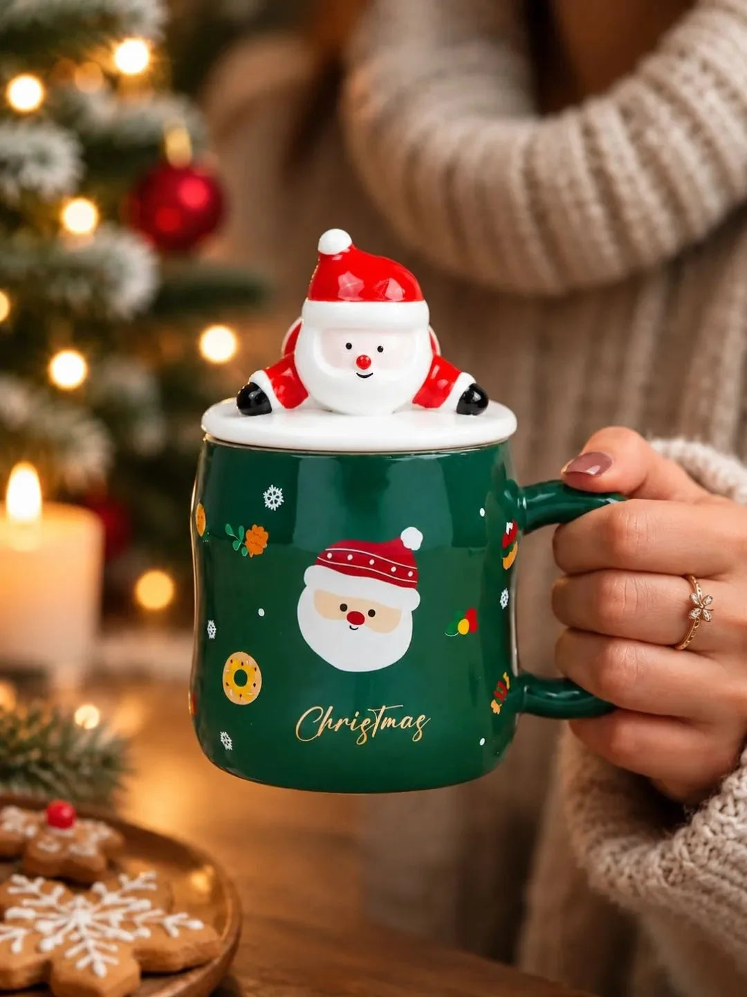 Green Santa Face Ceramic Hot Chocolate and Coffee Christmas Mug with 3D Lying Santa Lid & Spoon