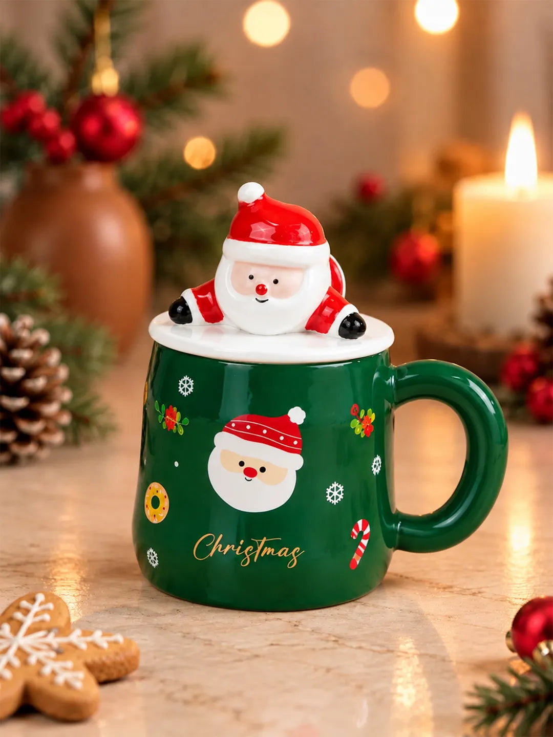 Green Santa Face Ceramic Hot Chocolate and Coffee Christmas Mug with 3D Lying Santa Lid & Spoon