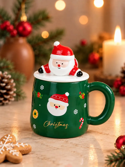 Green Santa Face Ceramic Hot Chocolate and Coffee Christmas Mug with 3D Lying Santa Lid & Spoon