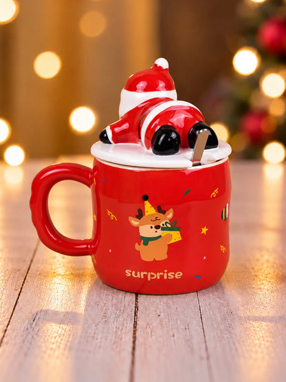 Santa & Reindeer Ceramic Hot Chocolate and Coffee Christmas Mug with 3D Lying Santa Lid & Spoon