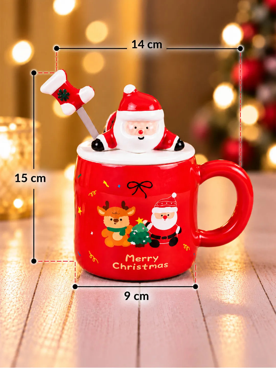 Santa & Reindeer Ceramic Hot Chocolate and Coffee Christmas Mug with 3D Lying Santa Lid & Spoon