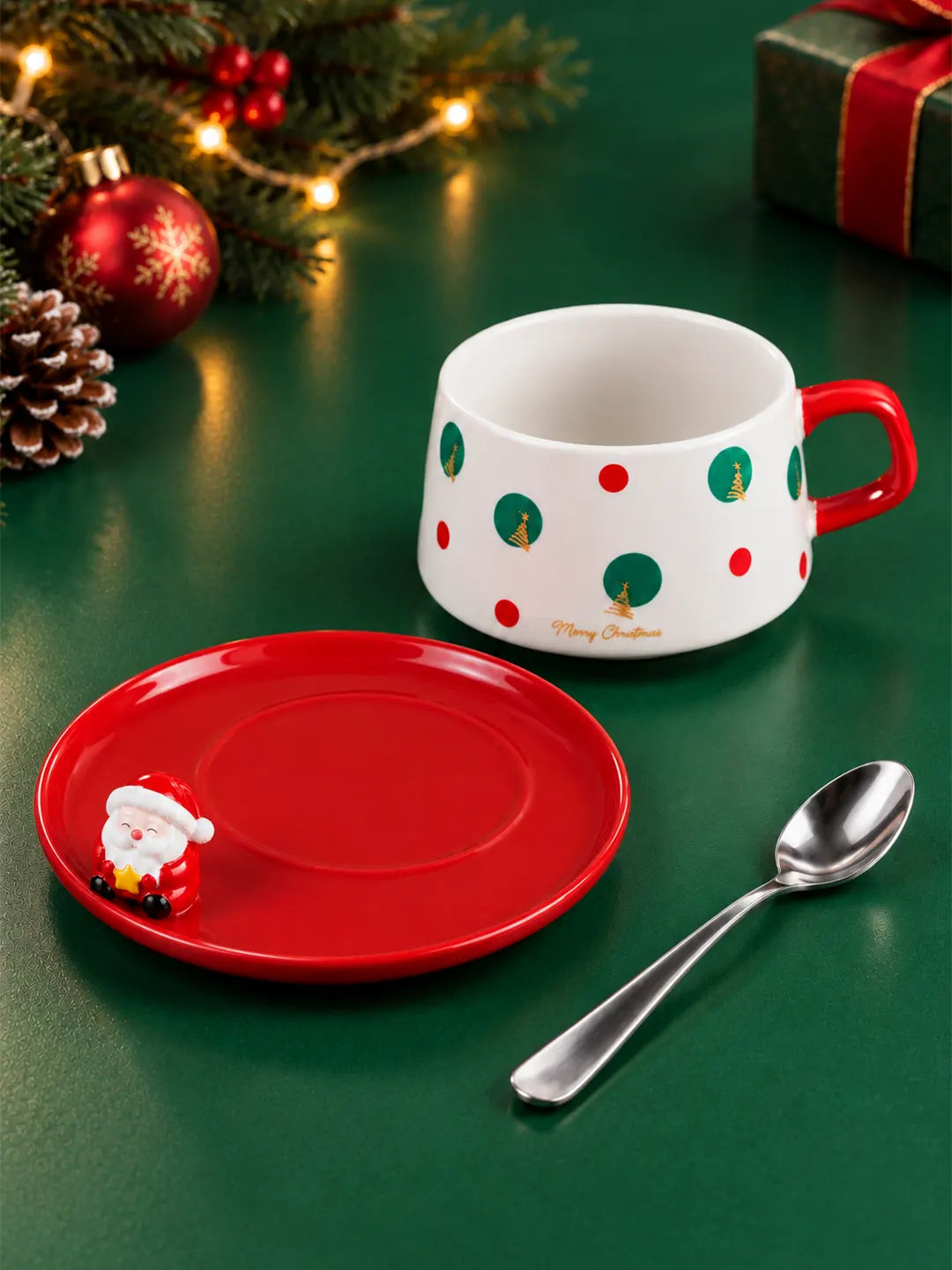 Polka Dots Christmas Themed Ceramic Cup with 3D Santa Saucer & Spoon Set