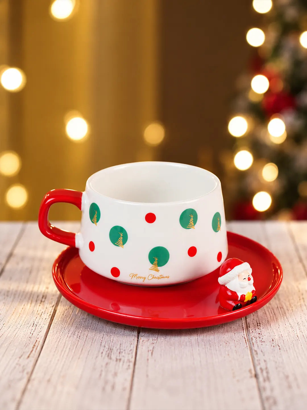 Polka Dots Christmas Themed Ceramic Cup with 3D Santa Saucer & Spoon Set