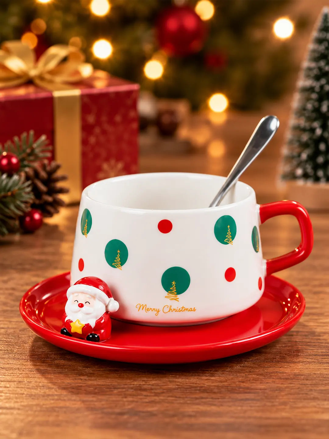 Polka Dots Christmas Themed Ceramic Cup with 3D Santa Saucer & Spoon Set
