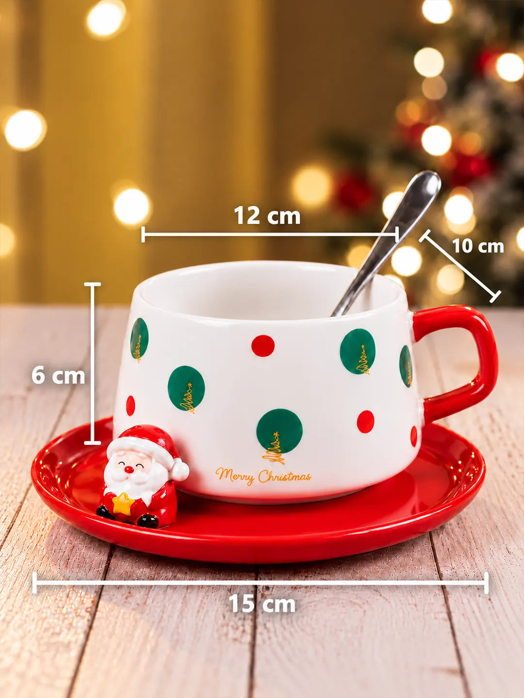 Polka Dots Christmas Themed Ceramic Cup with 3D Santa Saucer & Spoon Set
