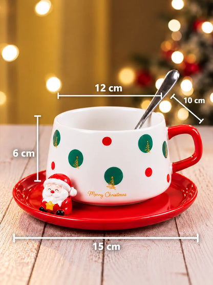 Polka Dots Christmas Themed Ceramic Cup with 3D Santa Saucer & Spoon Set