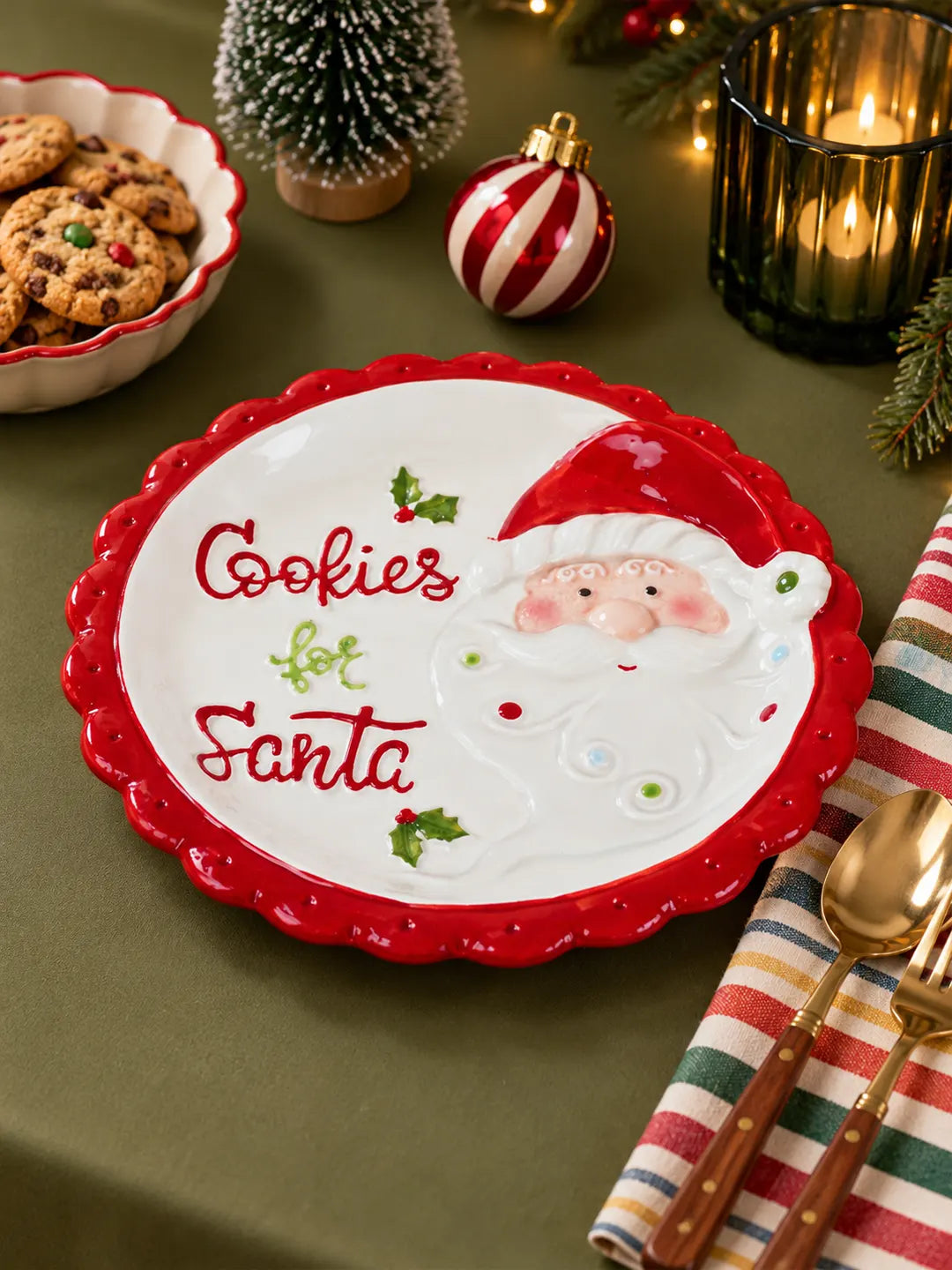 Red Border Cookies for Santa Ceramic Christmas Serving Plate, 11 in Dinner plate