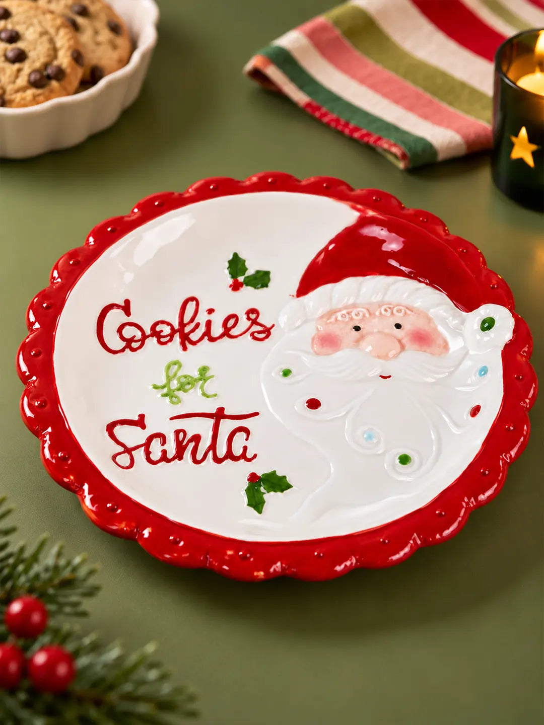 Red Border Cookies for Santa Ceramic Christmas Serving Plate, 11 in Dinner plate