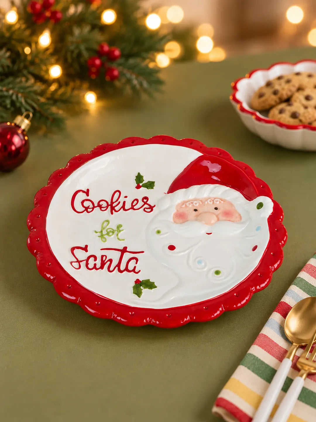 Red Border Cookies for Santa Ceramic Christmas Serving Plate, 11 in Dinner plate