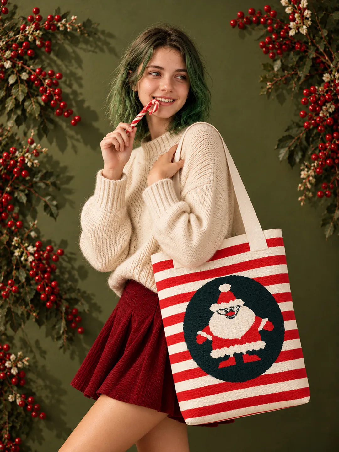 Red & Cream Striped Santa, Woven Christmas Tote Bag