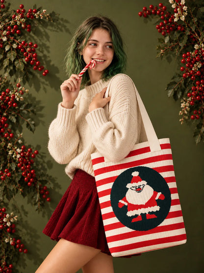 Red & Cream Striped Santa, Woven Christmas Tote Bag