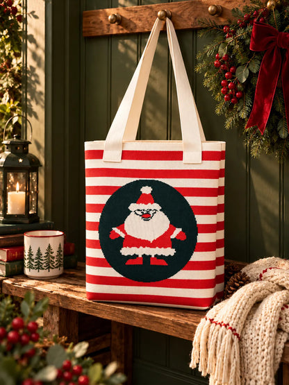 Red & Cream Striped Santa, Woven Christmas Tote Bag