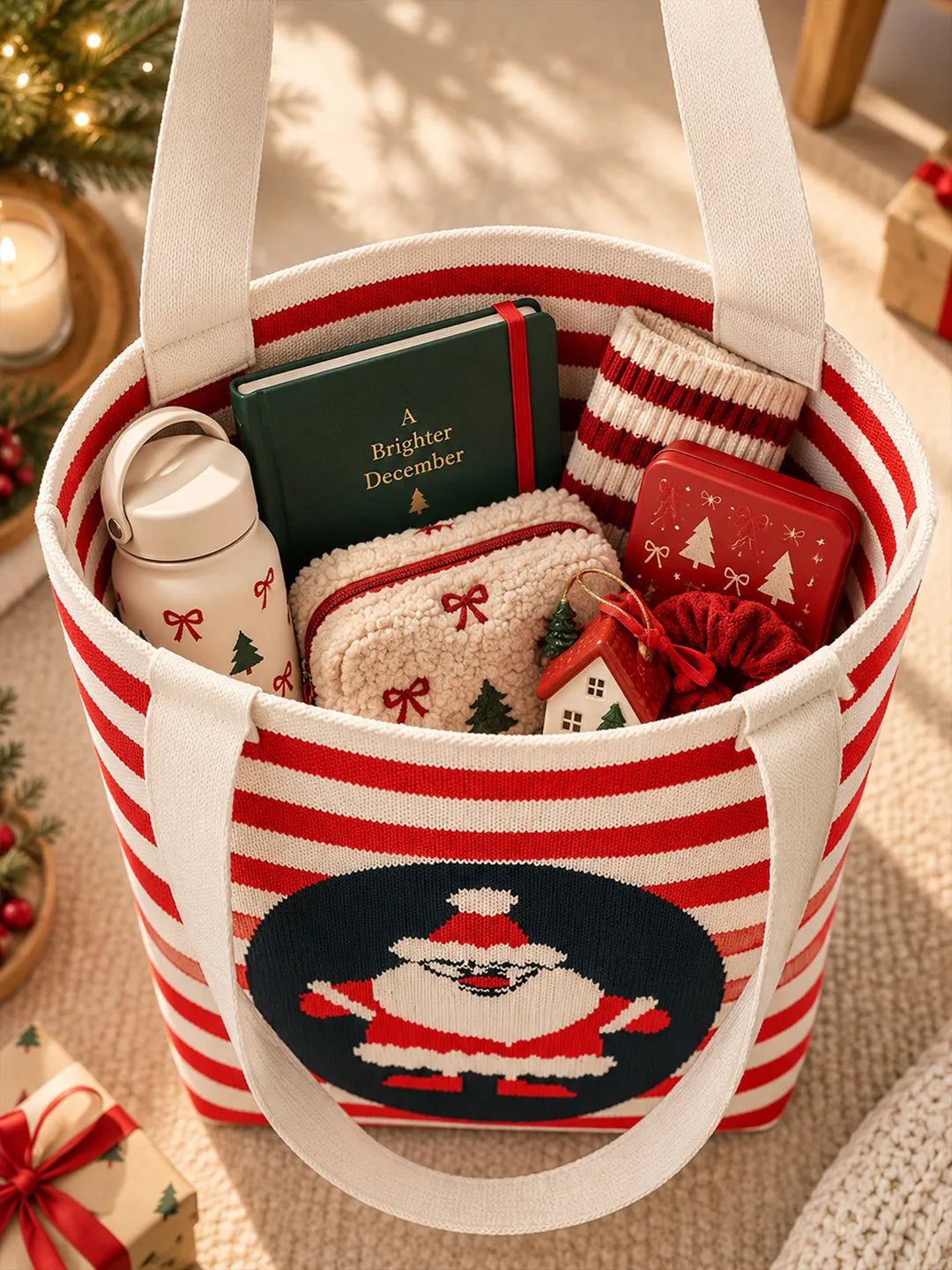 Red & Cream Striped Santa, Woven Christmas Tote Bag
