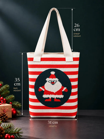 Red & Cream Striped Santa, Woven Christmas Tote Bag
