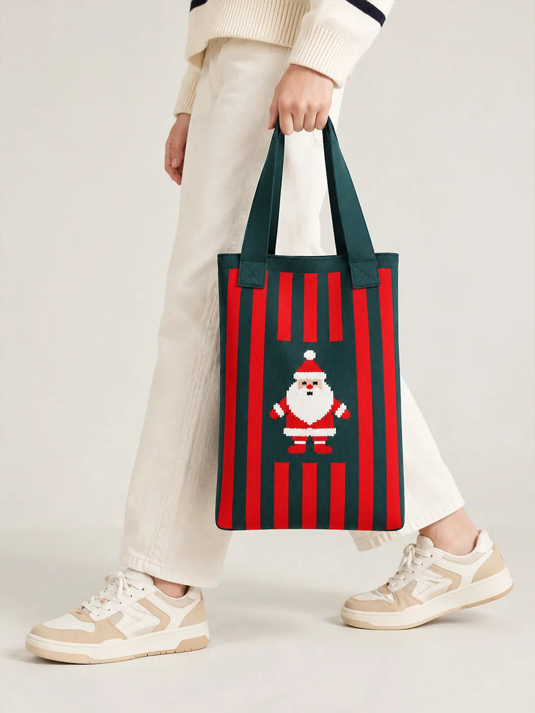 Dark Green & Red Striped Santa, Woven Christmas Tote Bag