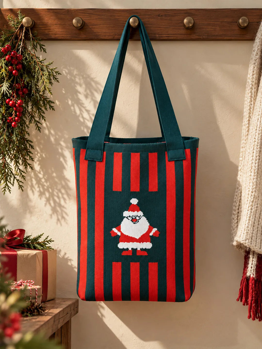 Dark Green & Red Striped Santa, Woven Christmas Tote Bag