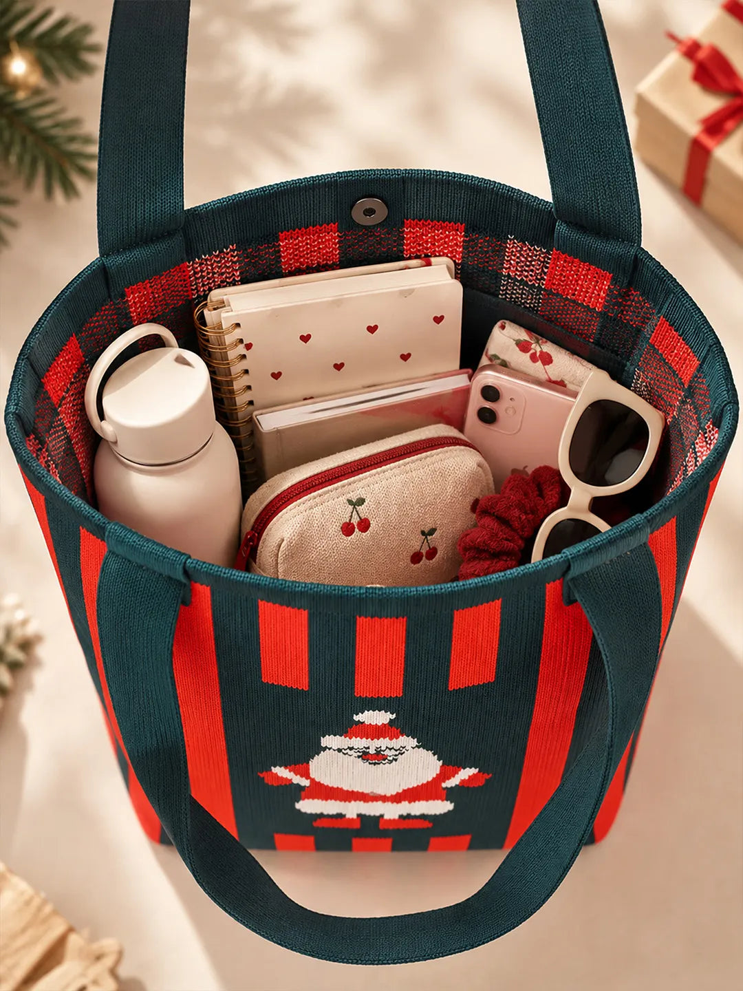 Dark Green & Red Striped Santa, Woven Christmas Tote Bag