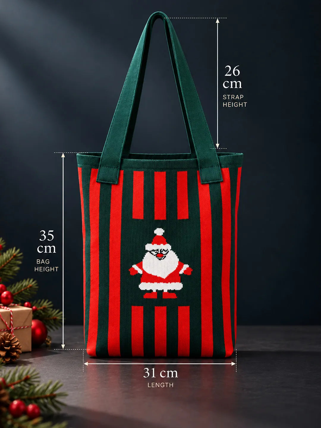Dark Green & Red Striped Santa, Woven Christmas Tote Bag