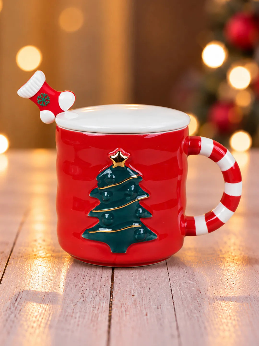 Red Christmas Tree Ceramic Hot Chocolate and Coffee Christmas Mug with 3D Spoon