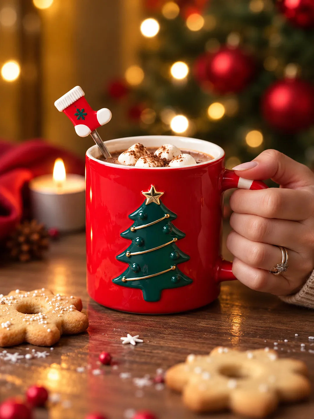 Red Christmas Tree Ceramic Hot Chocolate and Coffee Christmas Mug with 3D Spoon