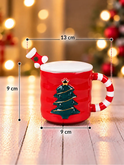 Red Christmas Tree Ceramic Hot Chocolate and Coffee Christmas Mug with 3D Spoon
