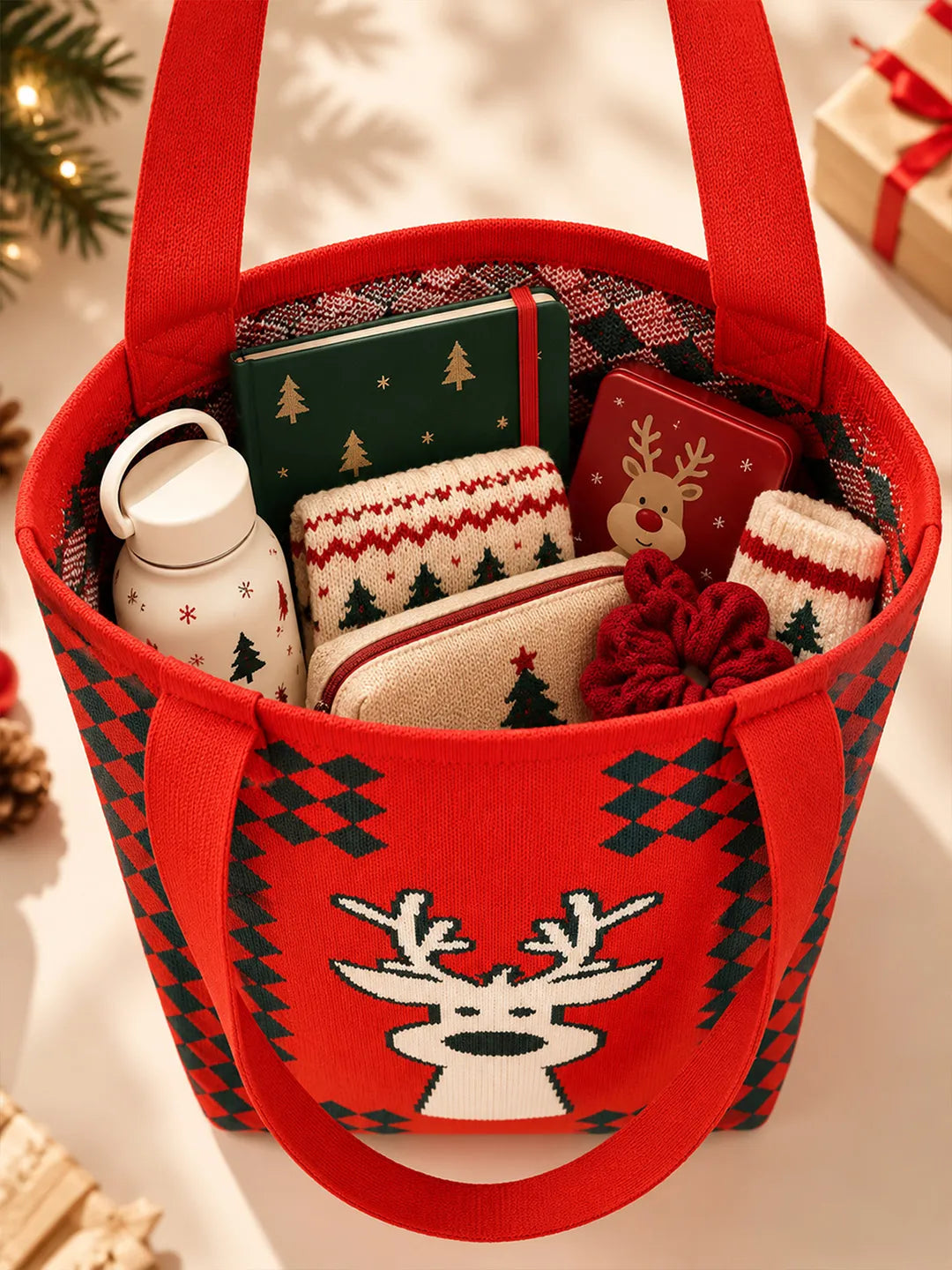 Reindeer Face, Woven Christmas Tote Bag