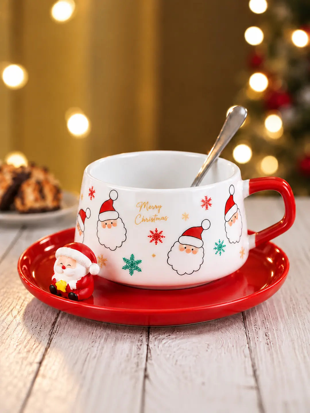 Santa Faces Themed Ceramic Cup with 3D Santa Saucer & Spoon Set