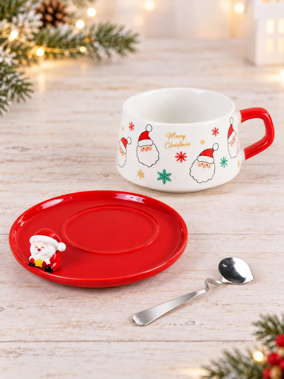 Santa Faces Themed Ceramic Cup with 3D Santa Saucer & Spoon Set
