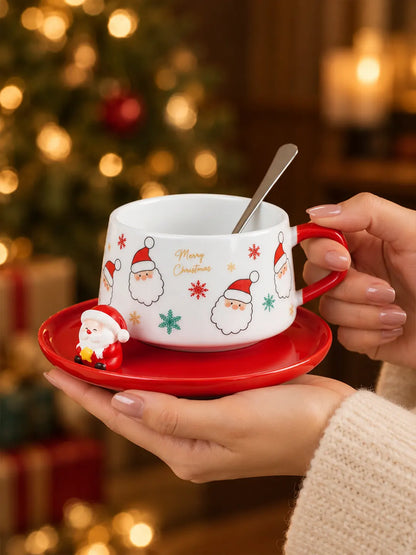 Santa Faces Themed Ceramic Cup with 3D Santa Saucer & Spoon Set
