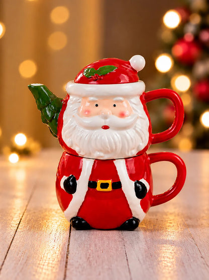 Santa Themed 2-Pcs Stackable Ceramic Christmas Teapot & Coffee Mug Set with Lid