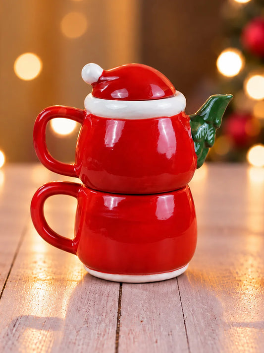 Santa Themed 2-Pcs Stackable Ceramic Christmas Teapot & Coffee Mug Set with Lid