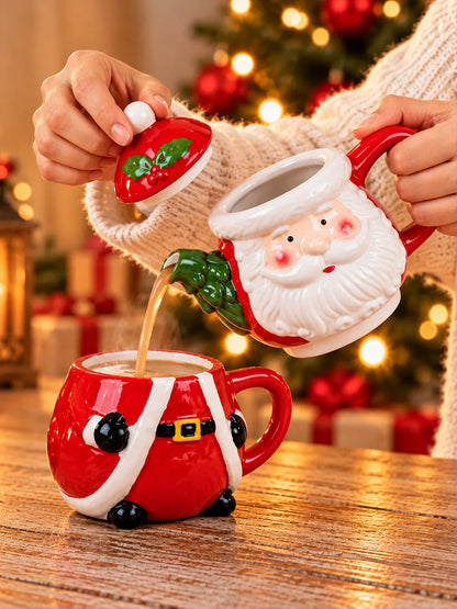 Santa Themed 2-Pcs Stackable Ceramic Christmas Teapot & Coffee Mug Set with Lid