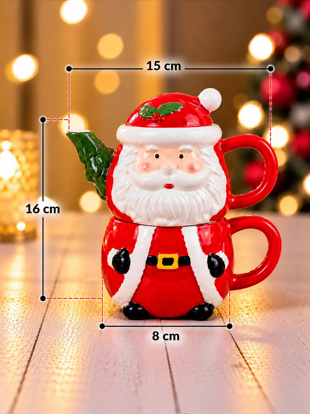 Santa Themed 2-Pcs Stackable Ceramic Christmas Teapot & Coffee Mug Set with Lid