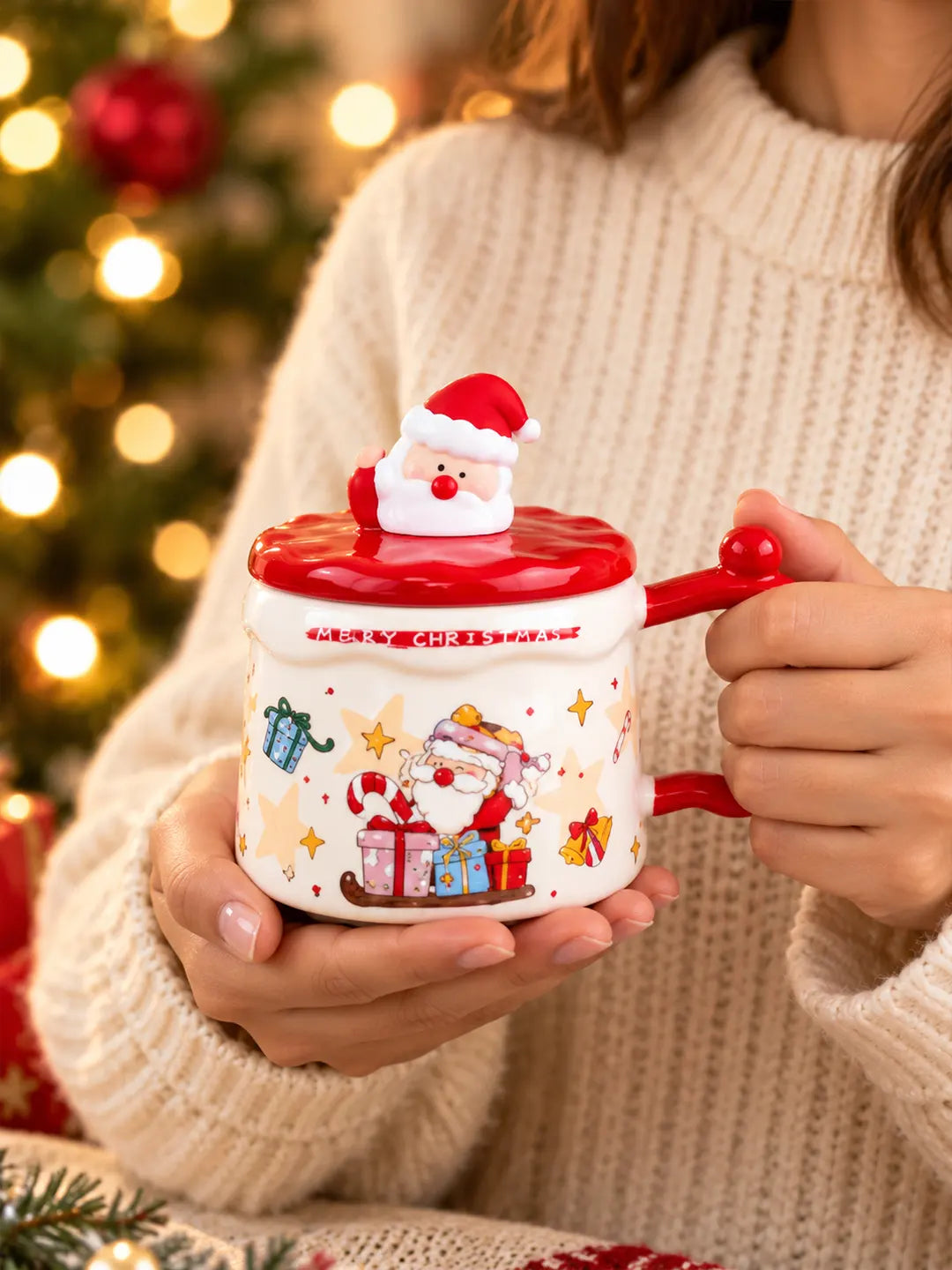 Santa with Gifts Ceramic Hot Chocolate and Coffee Christmas Mug with 3D Spoon