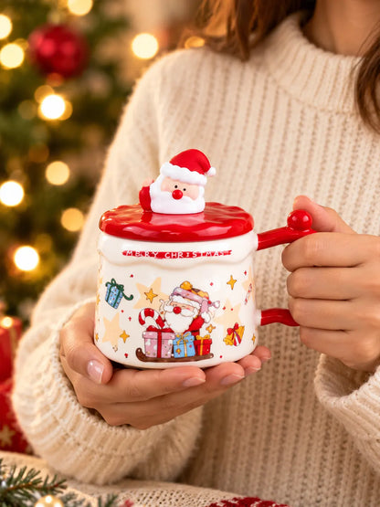 Santa with Gifts Ceramic Hot Chocolate and Coffee Christmas Mug with 3D Spoon