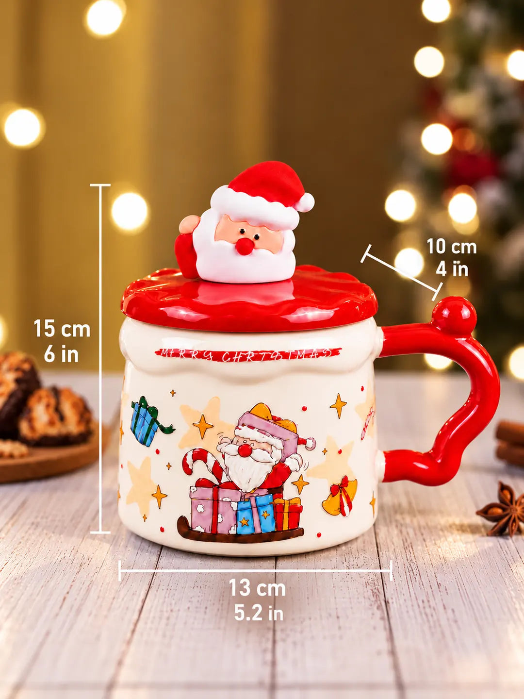 Santa with Gifts Ceramic Hot Chocolate and Coffee Christmas Mug with 3D Spoon