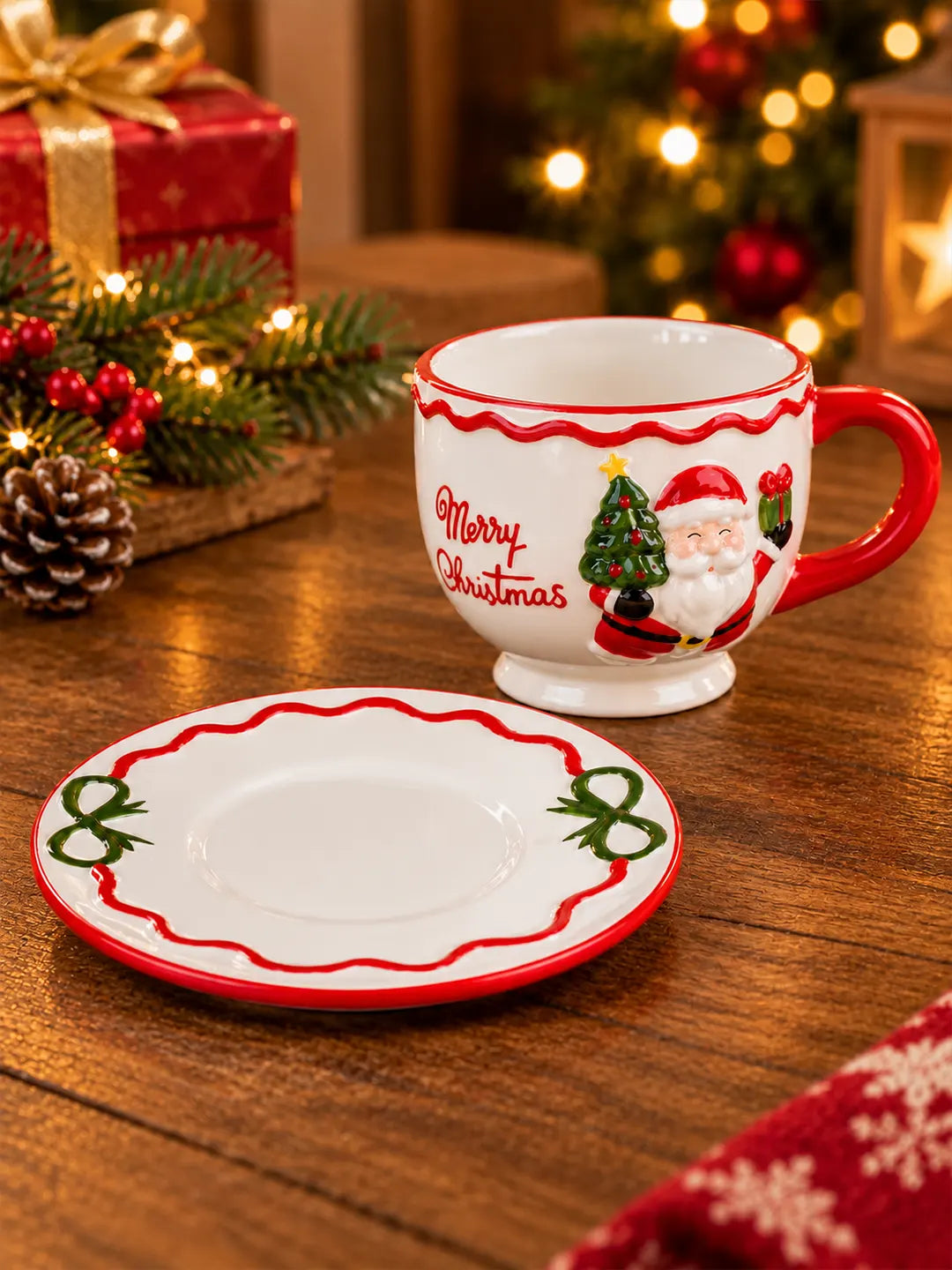 3D Santa with Christmas Tree Ceramic Cup & Saucer Set