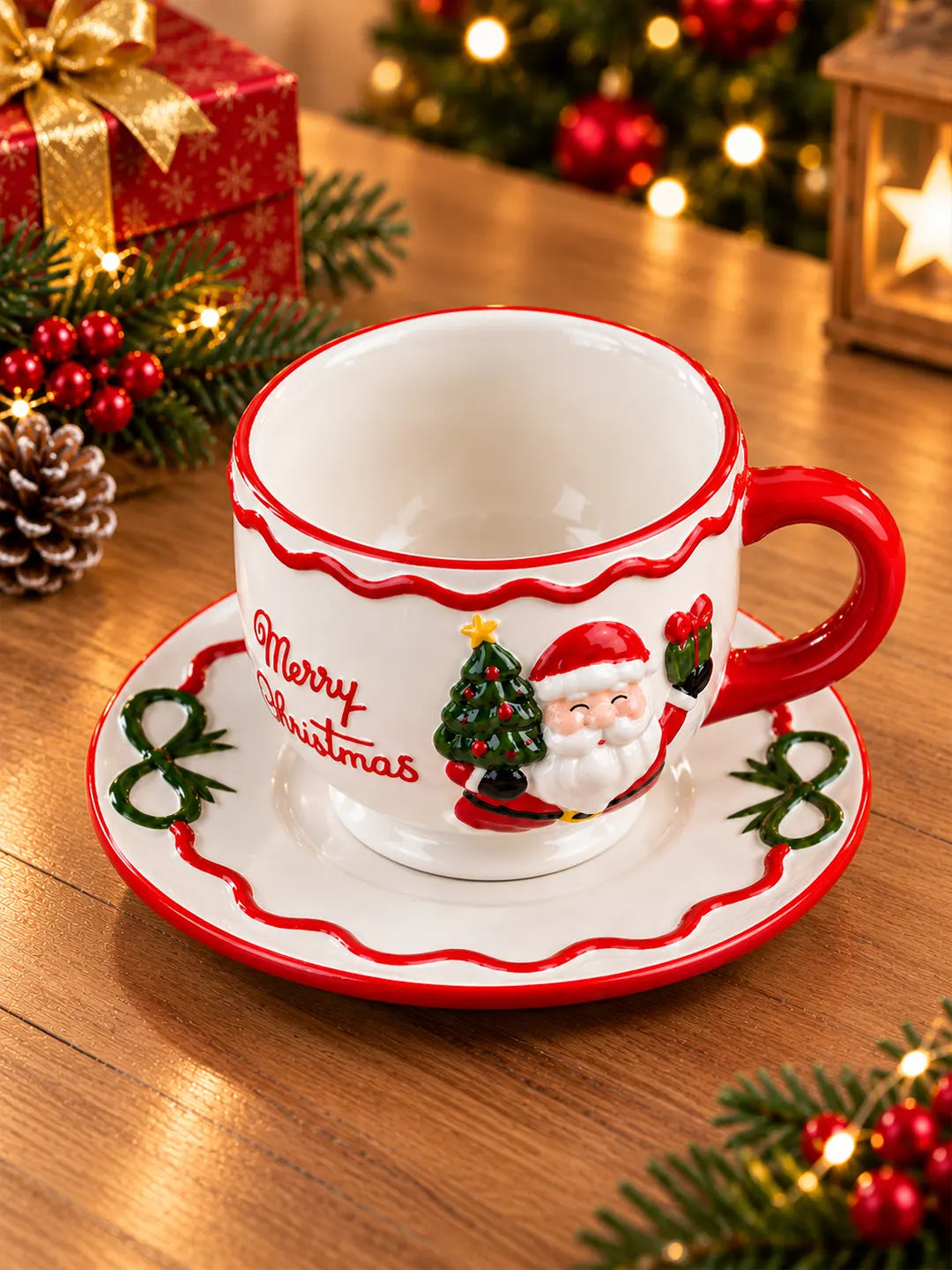 3D Santa with Christmas Tree Ceramic Cup & Saucer Set