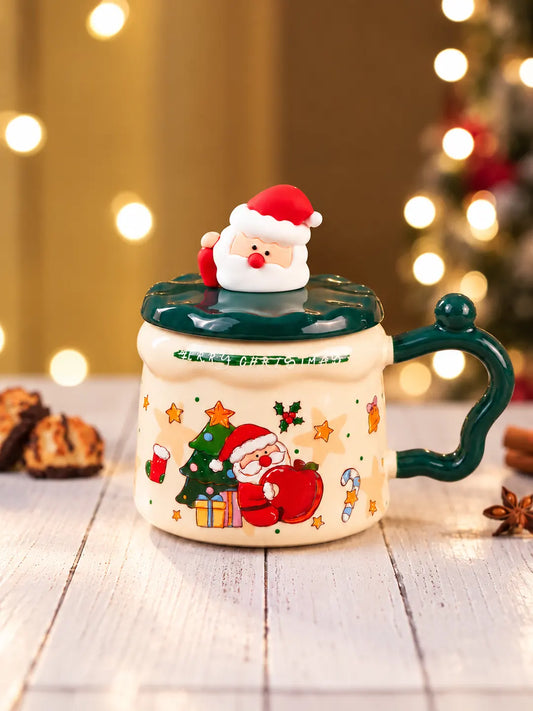 Santa & Christmas Tree Ceramic Hot Chocolate and Coffee Christmas Mug with 3D Spoon